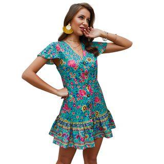 Cap Sleeve Floral Print A-line Mini Dress