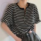 Elbow-sleeve Striped Half-zip T-shirt Stripes - Black & White - One Size