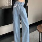 High-waist Wide-cuff Ripped Asymmetrical Denim Pants