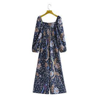 Long-sleeve Square-neck Print Jumpsuit