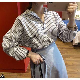 Asymmetric-collar Lettering-embroidered Shirt