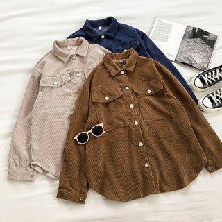 Plain Double-pocket Long-sleeve Corduroy Jacket