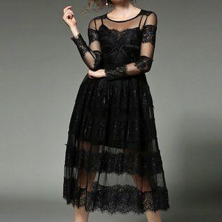 Set: Lace Trim Long Sleeve Midi Mesh Dress + Slipdress