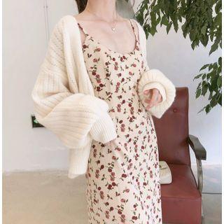 Spaghetti Strap Flower Print Midi Dress / Plain Cardigan / Set