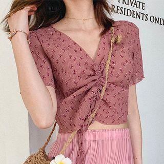 Drawstring Floral Short-sleeve Blouse