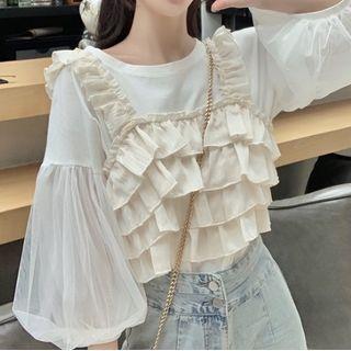3/4-sleeve Paneled T-shirt / Spaghetti Strap Ruffle Top