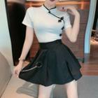 Mandarin Collar Short-sleeve Top / Mini A-line Skirt