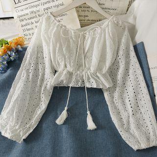 Eyelet Off-shoulder Tie-neckline Crop Top White - One Size