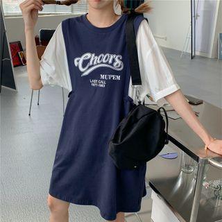 Elbow-sleeve Mock Two-piece Lettering Print Midi T-shirt Dress