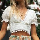 V-neck Lace Trim Lace-up Back Cropped Blouse