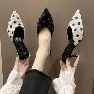 Pointy Fringed Dotted High Heel Mules