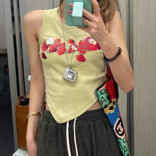 Strawberry Print Tank Top Avocado Green - One Size