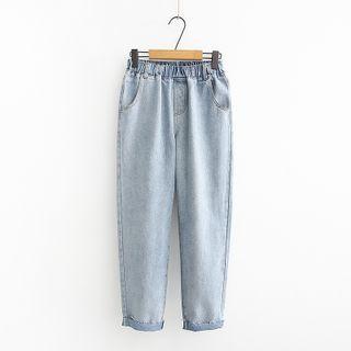 Elastic Waist Washed Tapered Jeans