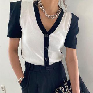 Puff Sleeve Color Block Knit Top As Shown In Figure - One Size