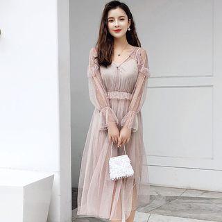 Set: Long-sleeve Frill Trim Midi A-line Mesh Dress + Slipdress
