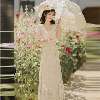 Elbow-sleeve Square-neck Lace Midi A-line Dress