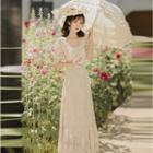 Elbow-sleeve Square-neck Lace Midi A-line Dress