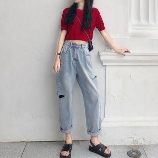Set: Short Sleeve Cropped T-shirt + High Waist Ripped Jeans