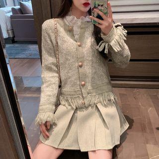 Frayed Knit Jacket / Ruffle Trim Blouse / High-waist Pleated Skirt