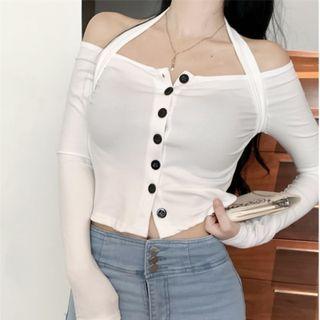 Long-sleeve Button-up Cold-shoulder Cropped T-shirt