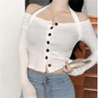 Long-sleeve Button-up Cold-shoulder Cropped T-shirt