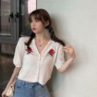 Embroider Rose Knit Short-sleeve Top As Shown In Figure - One Size