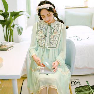 Lace Trim Long-sleeve Chiffon Dress