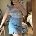 Short-sleeve Striped Button Knit Top / Mini Fitted Denim Skirt
