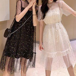 Short-sleeve Patterned Mesh Overlay Dress