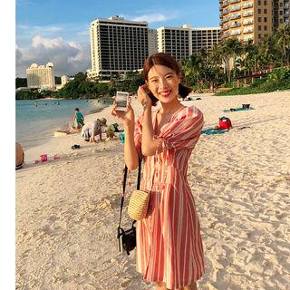 Tie-sleeve V-neck Striped Minidress