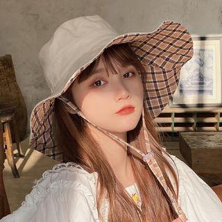 Reversible Plaid & Plain Sun Hat