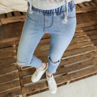 Band-waist Distressed Washed Slim-fit Jeans
