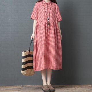 Checked Short-sleeve Midi Shirt Dress