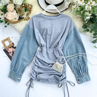 Long-sleeve Denim Panel Mini Dress