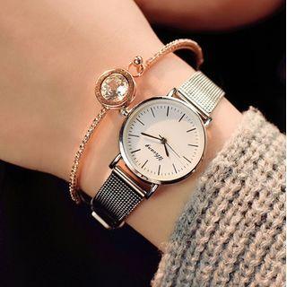 Set: Alloy Mesh Strap Watch + Rhinestone Bangle