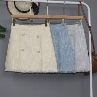 Fray Hem Double-buttoned Mini Pencil Skirt