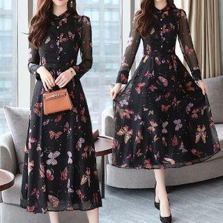 Butterfly Long-sleeve Midi A-line Dress