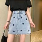 Heart Embroidered Frayed Denim Mini Skirt