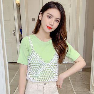 Set: Plain Short-sleeve T-shirt + Crochet Knit Camisole