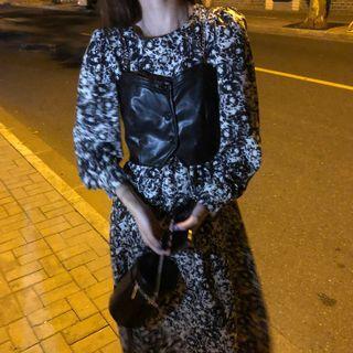 Set : Floral Dress / Pu Vest