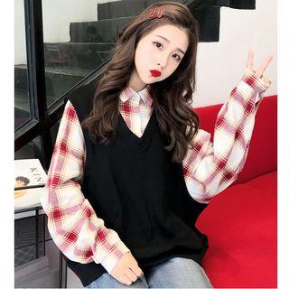 Mock Two-piece Plaid Sweatshirt