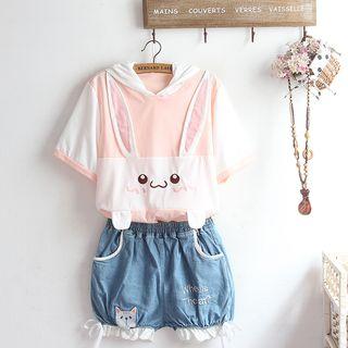Rabbit Hood Short-sleeve T-shirt / Denim Shorts / Set