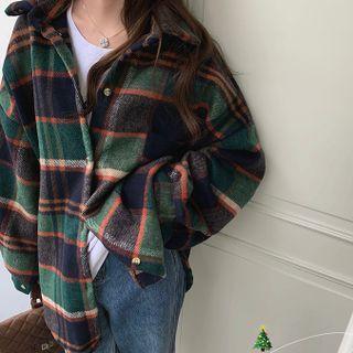 Plaid Loose-fit Shirt Jacket Green - One Size