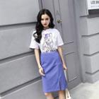 Set: Printed Short-sleeve T-shirt + Fitted Skirt