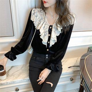 Long-sleeve Lace Ruffle Velvet Blouse