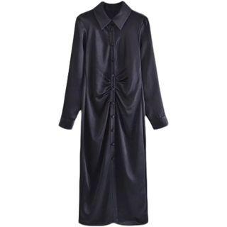 Long-sleeve Shirred Midi Shirtdress