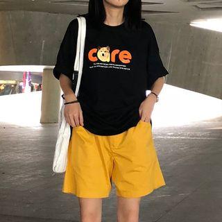 Elbow-sleeve Dog Print T-shirt / Plain Shorts