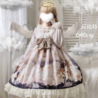 Swan Print Long-sleeve A-line Dress / Lace Trim Headband