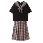 Collar Short-sleeve Top / Plaid Midi Skirt / Set
