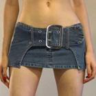 Low Waist Belted A-line Denim Skirt